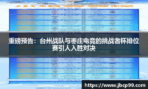 重磅预告：台州战队与枣庄电竞的挑战者杯排位赛引人入胜对决